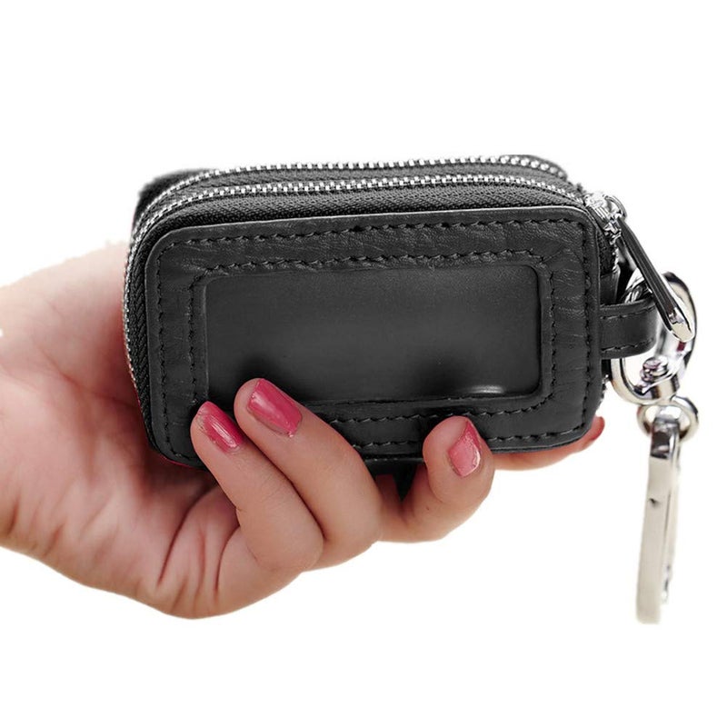 BAKUN Two-Sides Mini Genuine Leather Car Key Chain Holder Wallet Case, Key Holder Key Organizer Wallet(Black) - Image 3